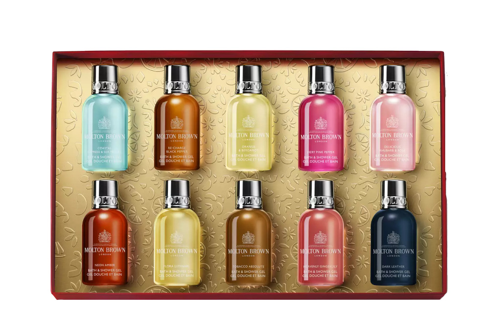 Gold box of small Molton Brown bottles