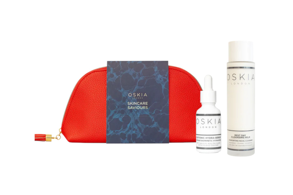 Red bag with white bottles - Christmas beauty gifts