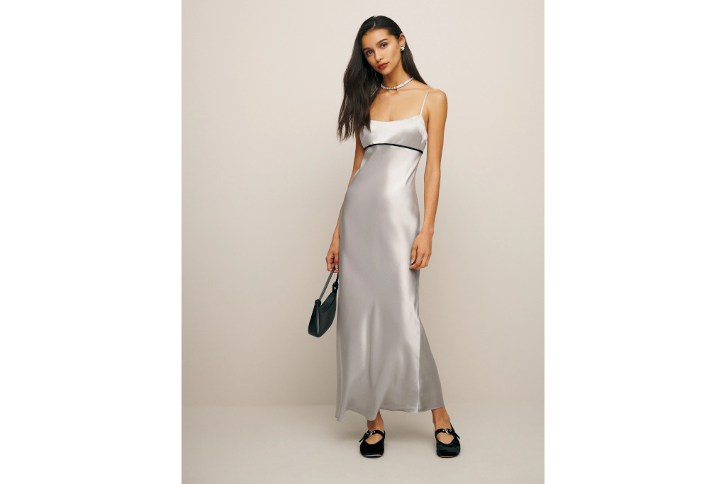 Woman in long silver dress