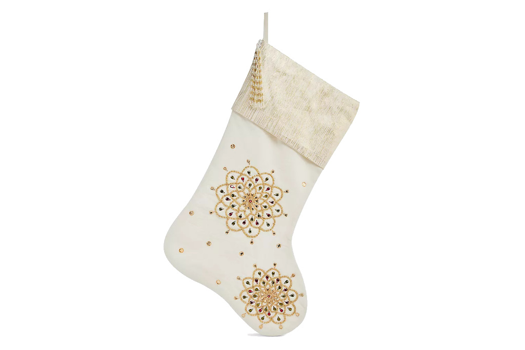 White and gold beaded stocking