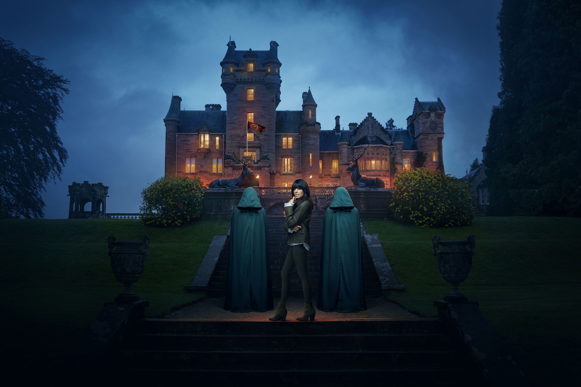 Claudia Winkleman in front of Ardross Castle, where The Traitors was filmed