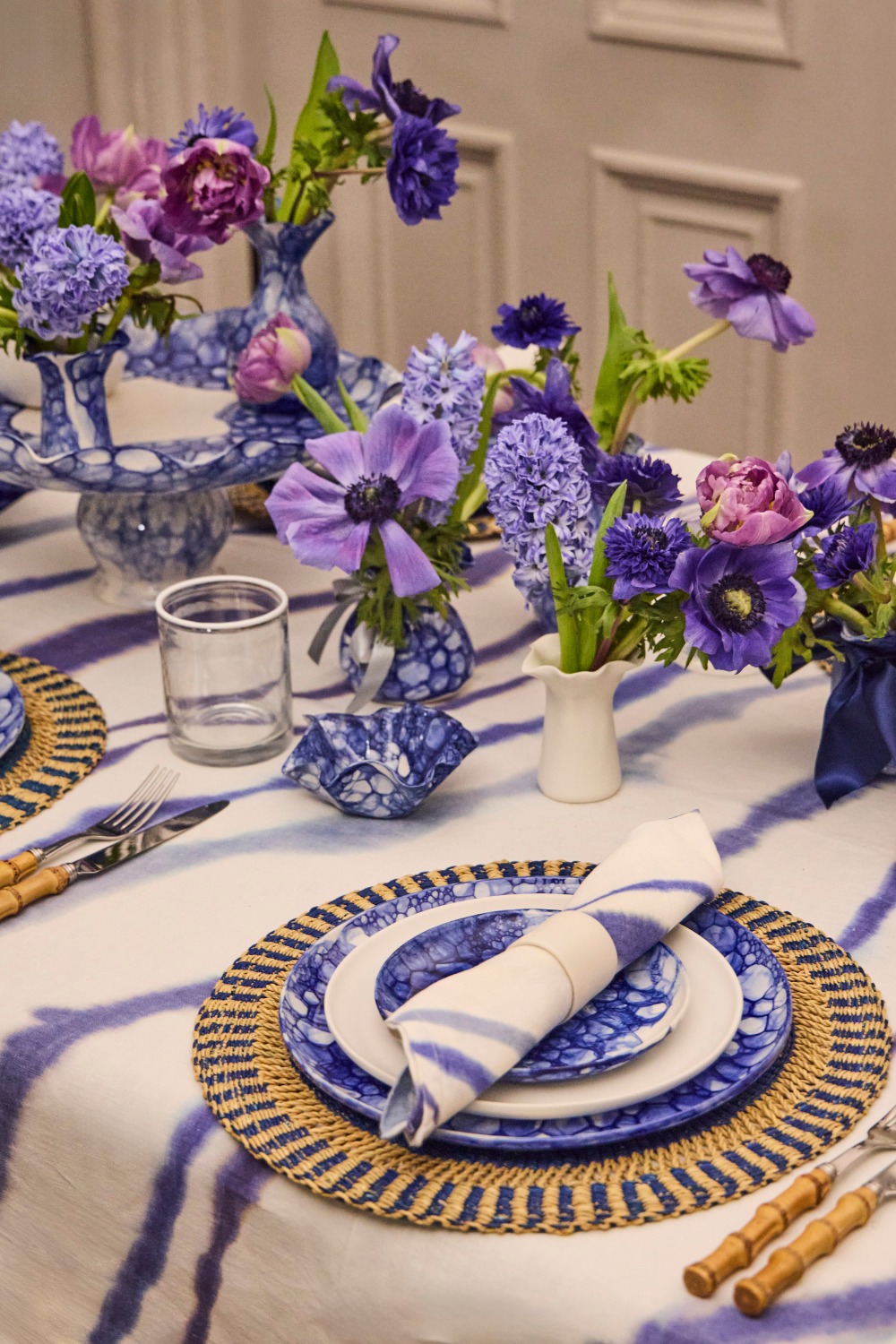 Table laid with blue plates