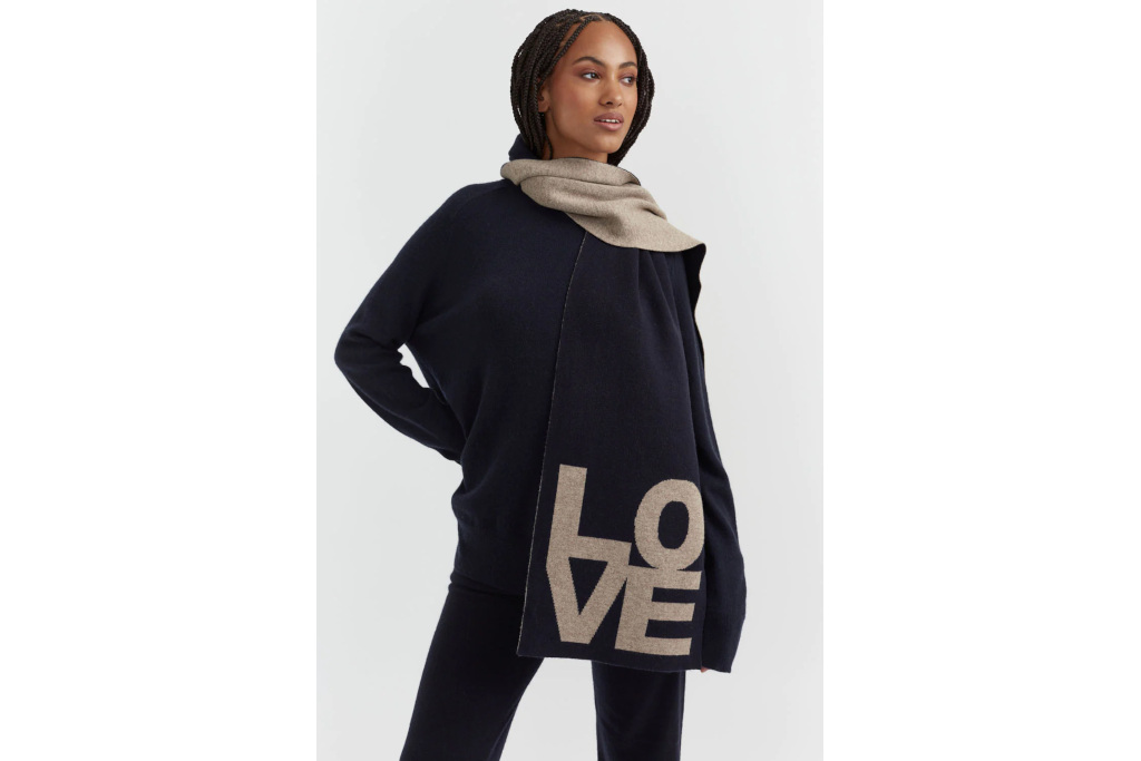 Woman in 'LOVE' scarf