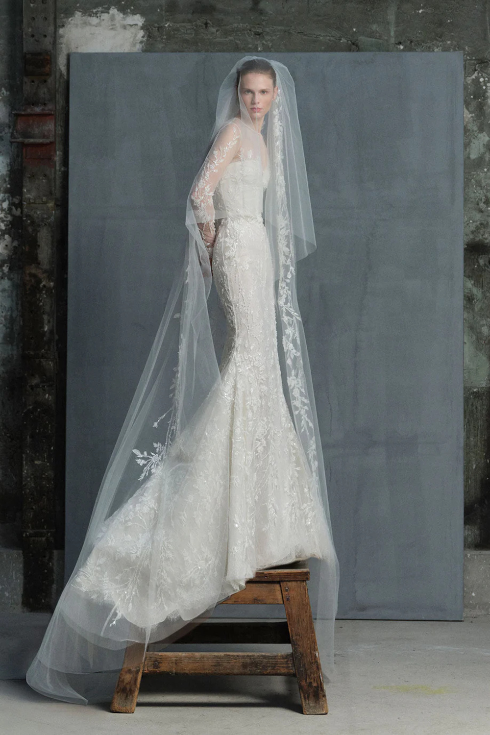 Woman wearing bridal dress and veil