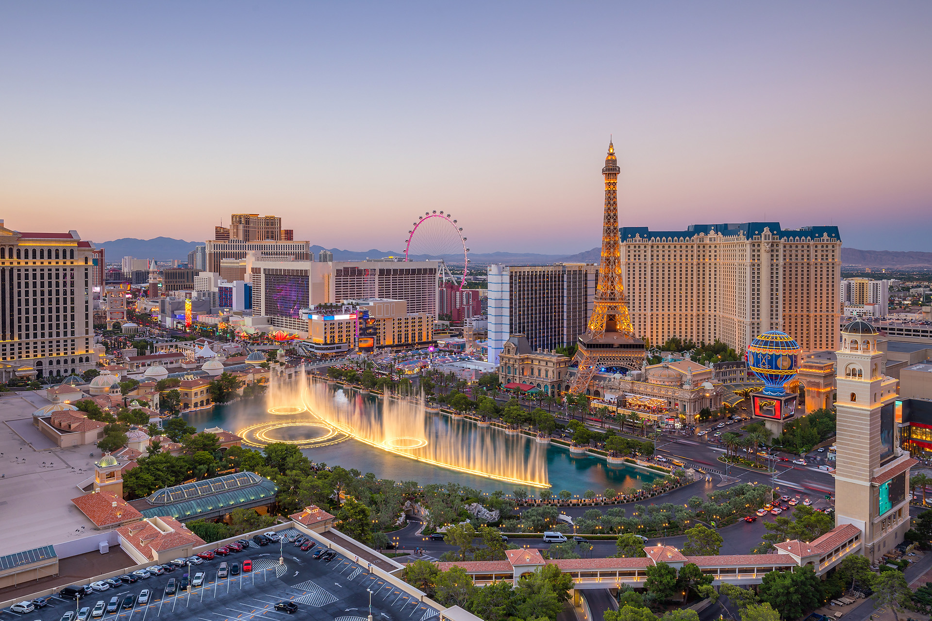 Aerial view of Las Vegas strip in Nevada as seen at night USA