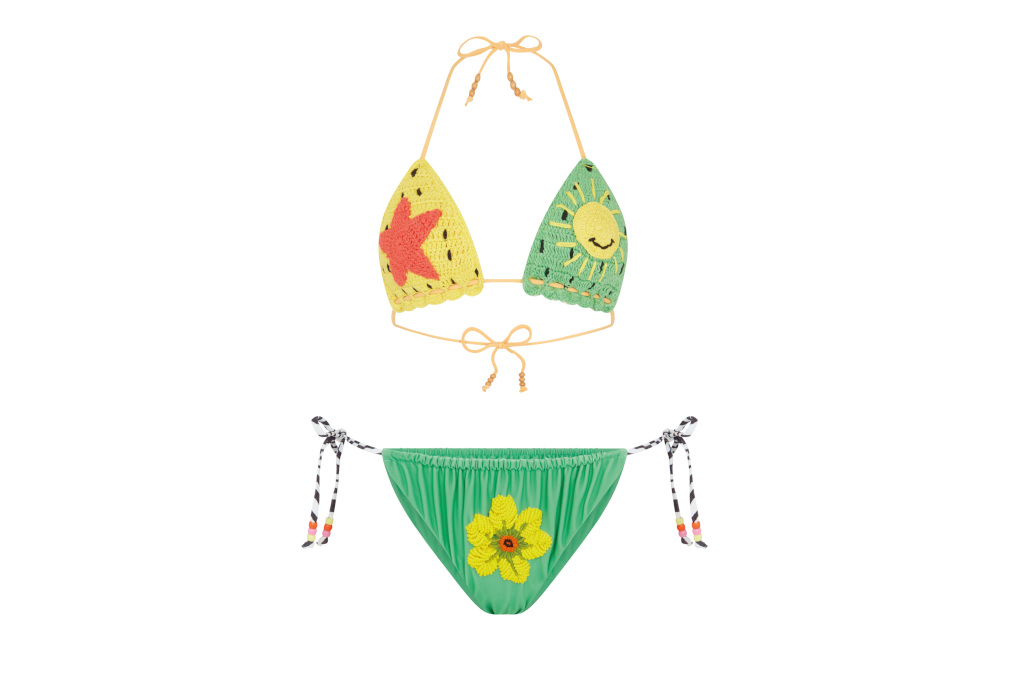 Crocket bra and green bikini bottoms