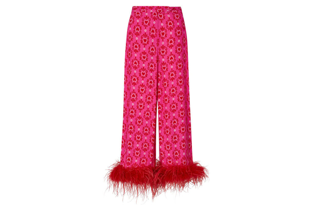 Pink trousers with red feather hem