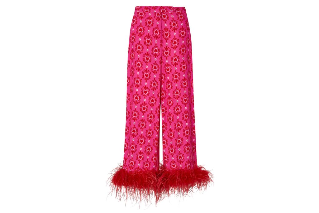 Pink trousers with red feather hem