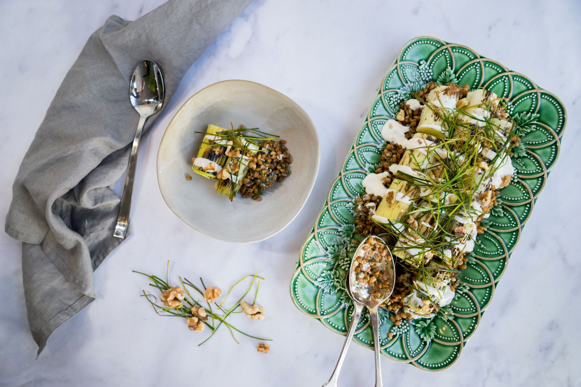 Freekeh and leek baked salad