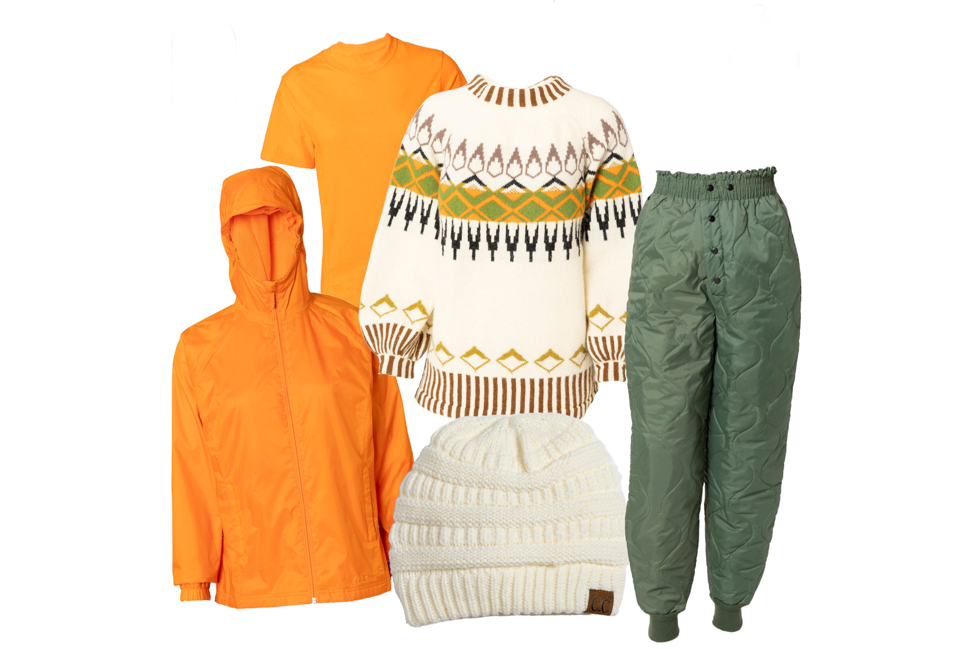 Orange top and hoodie, green ski trousers, cream jumper and hat