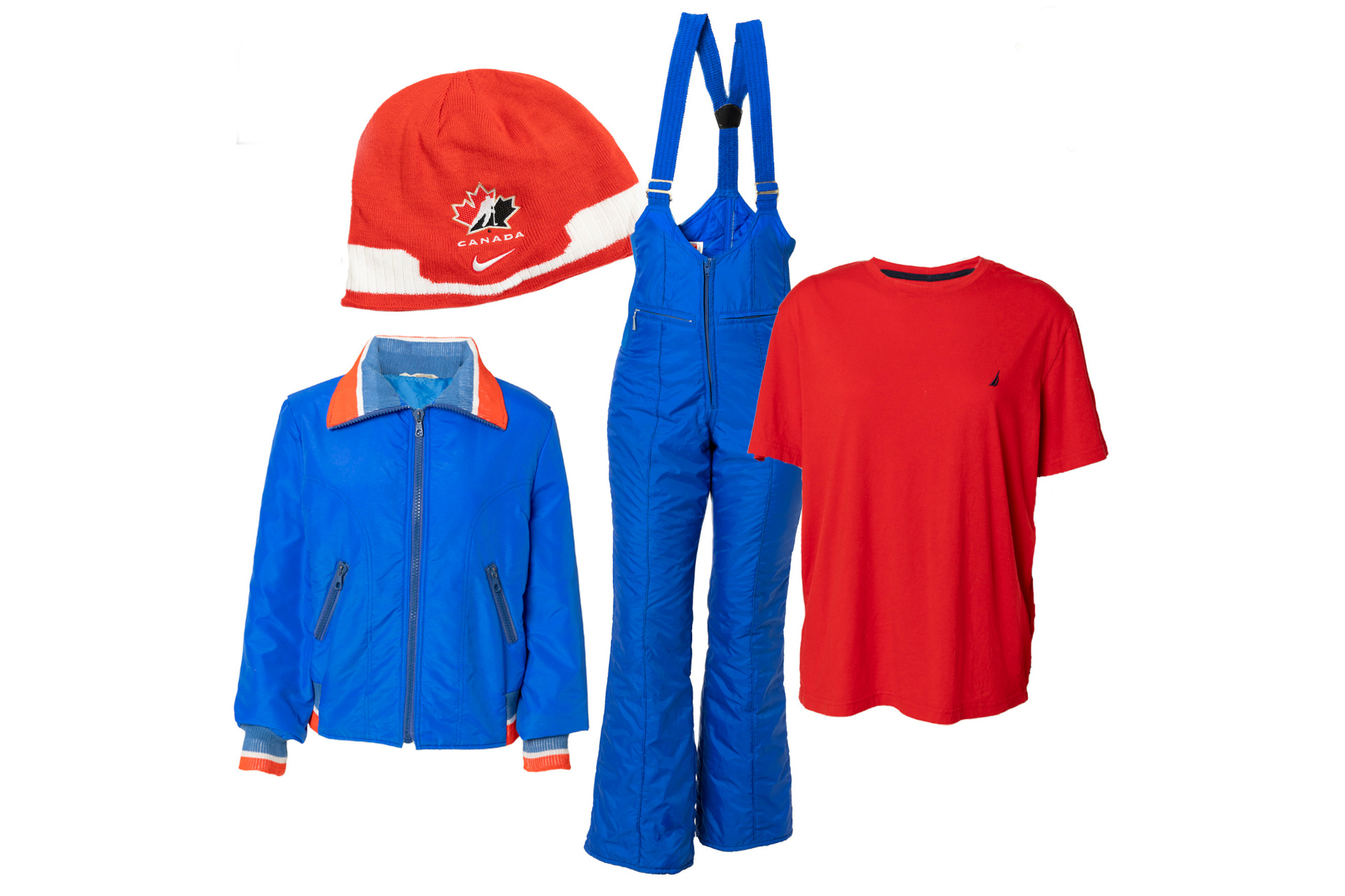 Red and blue skiwear