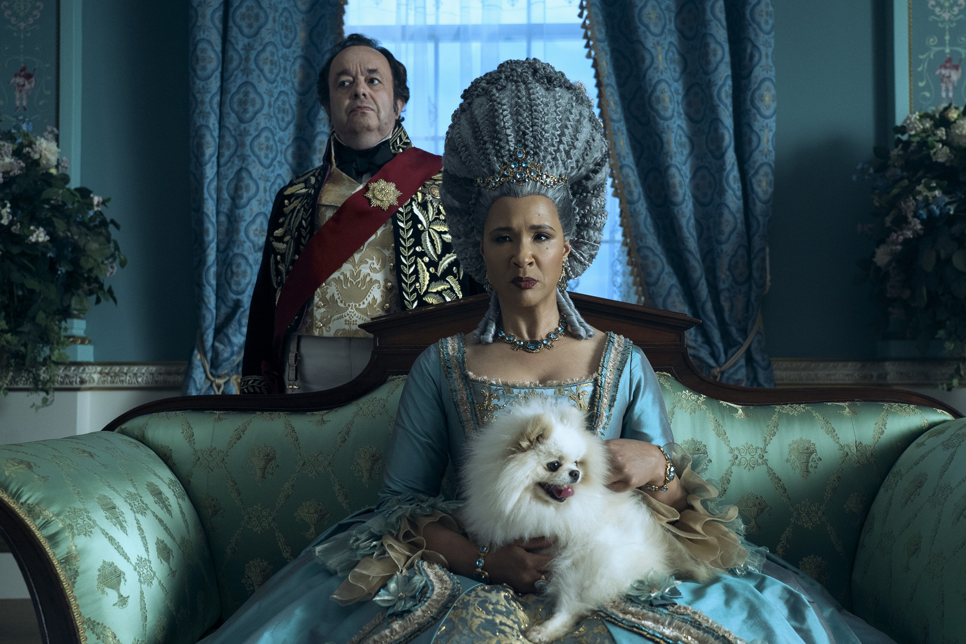 Hugh Sachs as Brimsley, Golda Rosheuvel as Queen Charlotte in episode 102 of Queen Charlotte: A Bridgerton Story