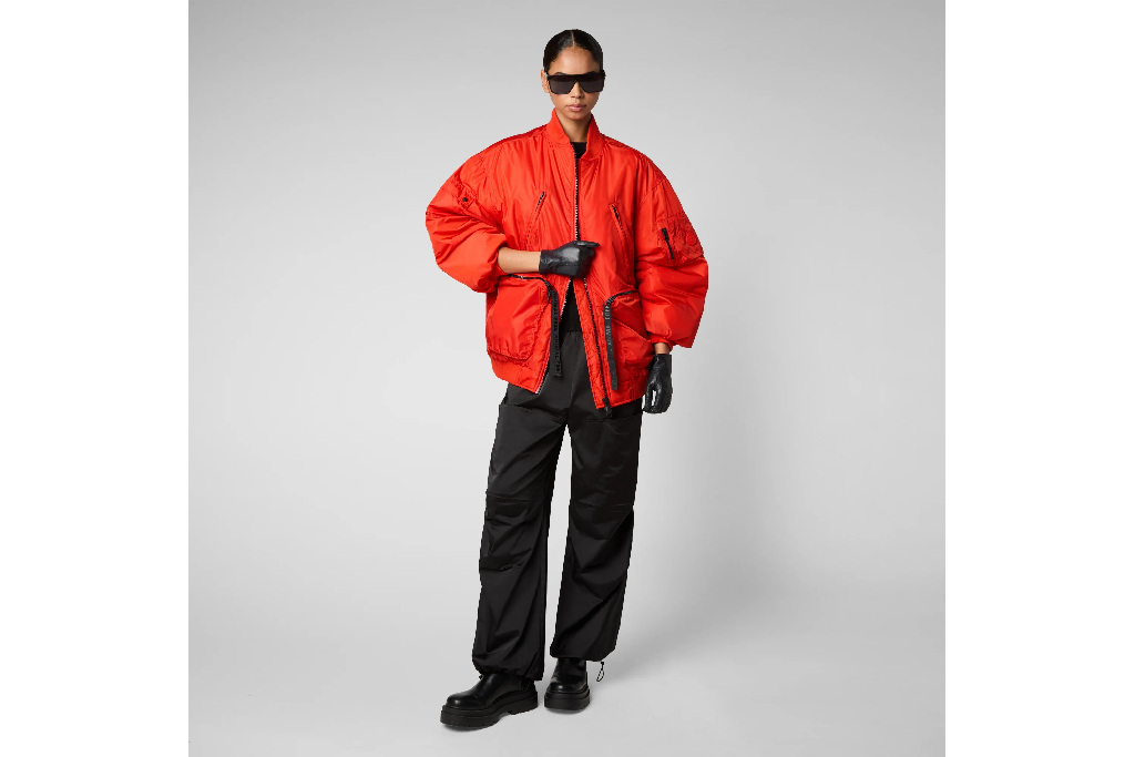 Woman in red puffer coat