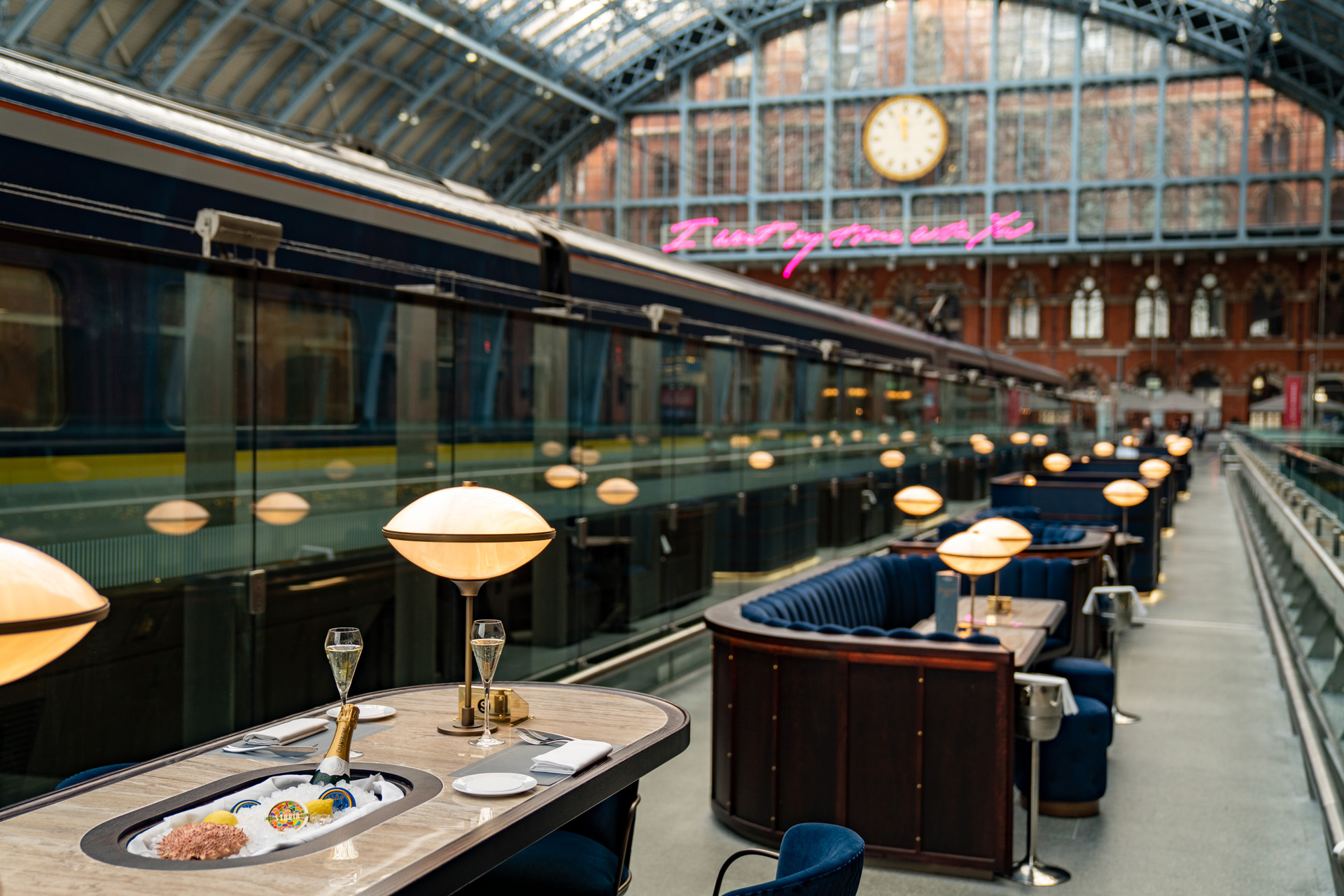 The long champagne bar at St Pancras by Searcys
