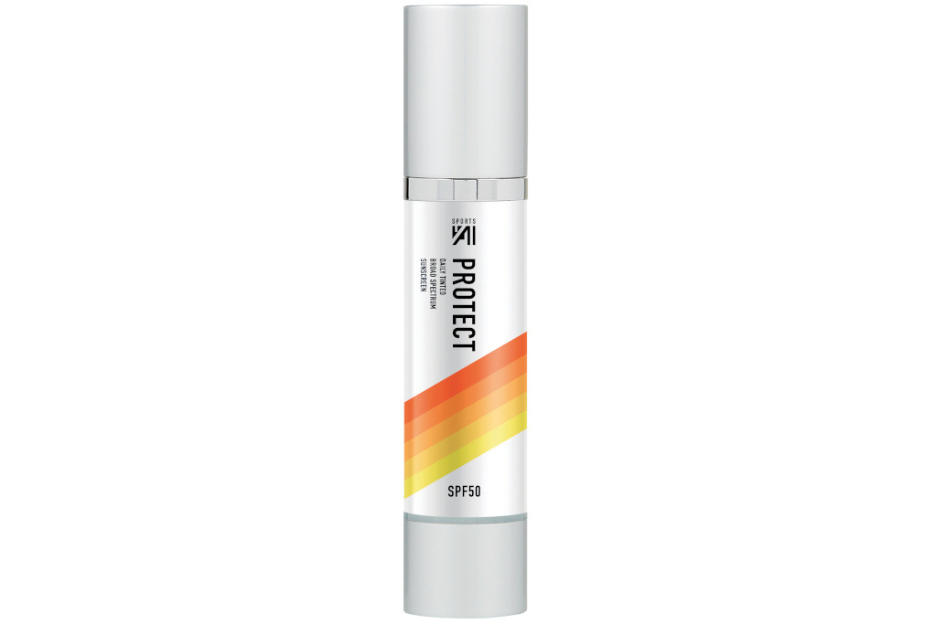 White and silver bottle with red, orange and yellow stripes