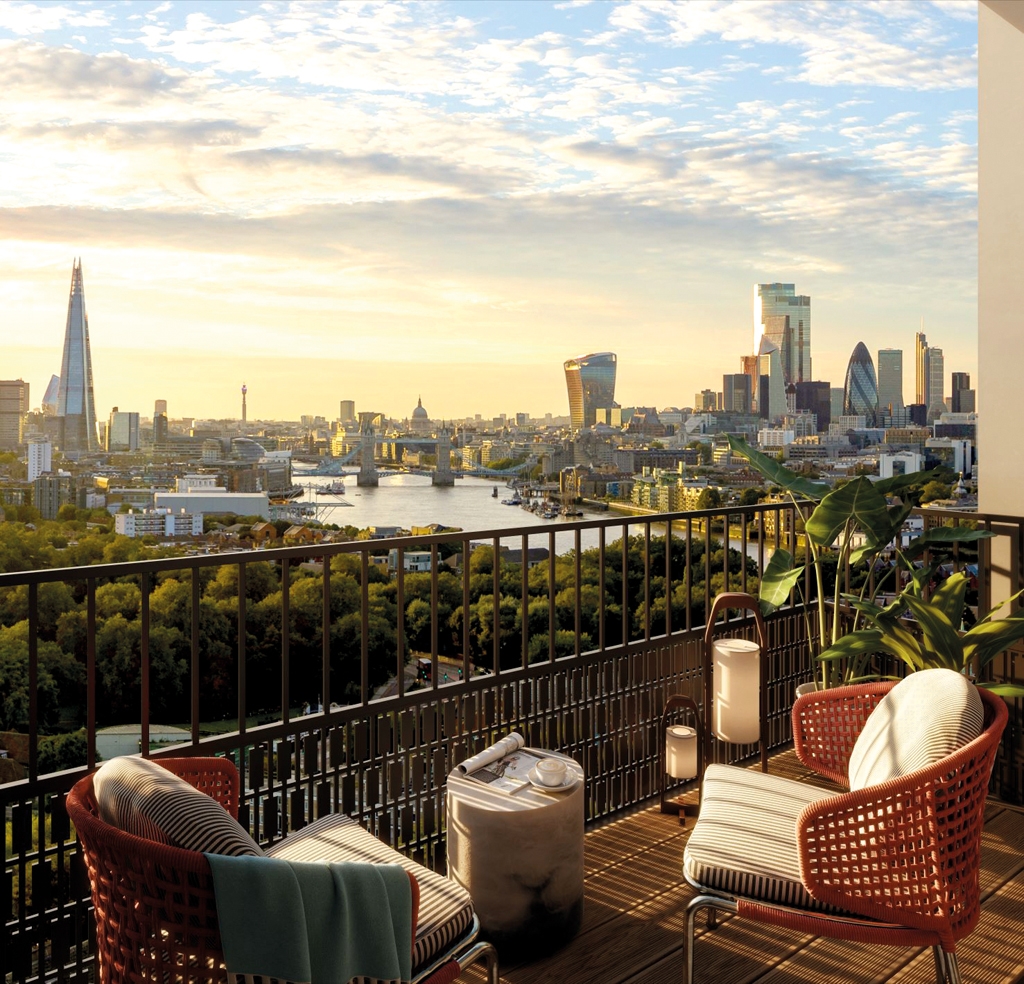 A balcony at The Founding at Canada Water overlooking London