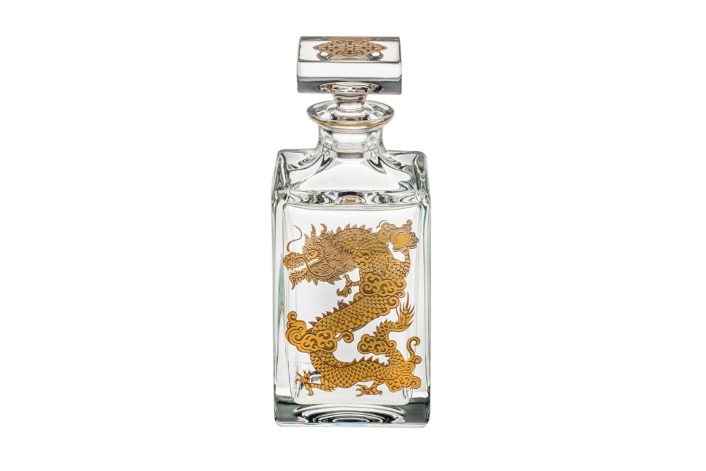 Glass decanter with gold dragon