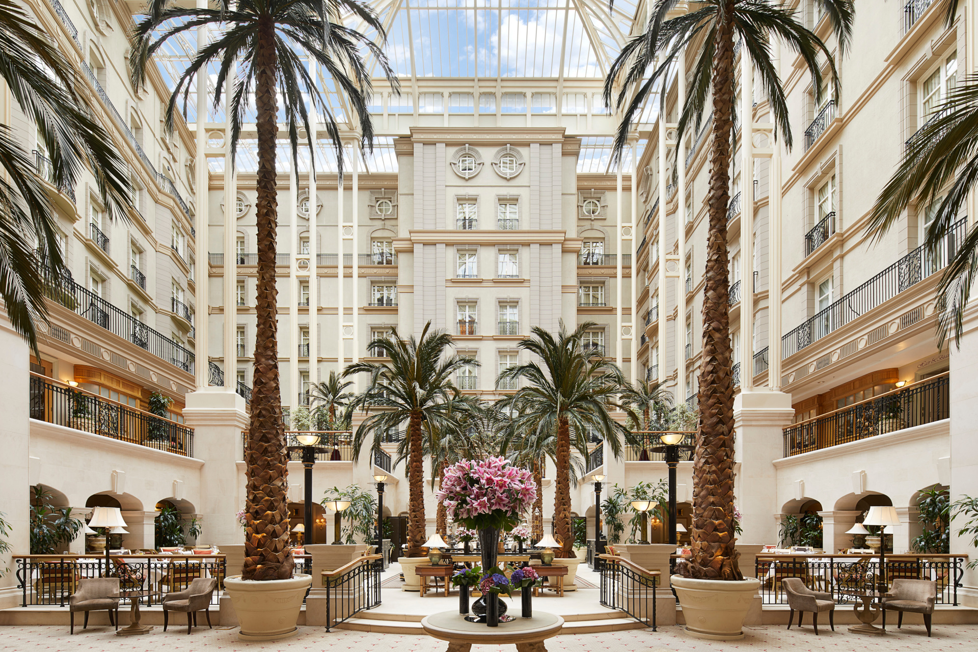 Indoor restaurant with large palm trees and glass ceiling