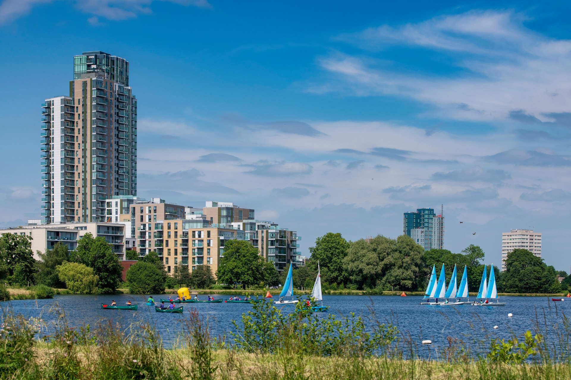 Woodberry Down development with reservoir in front.