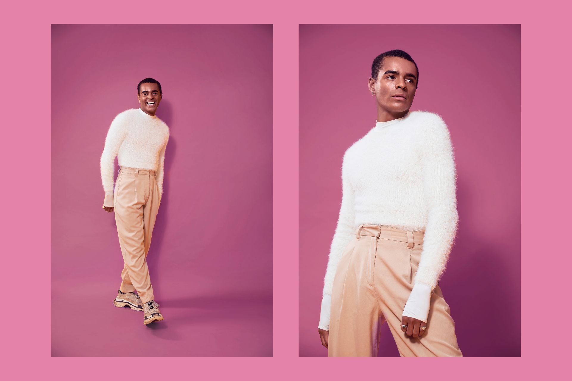 Two images of Layton Williams against a pink background