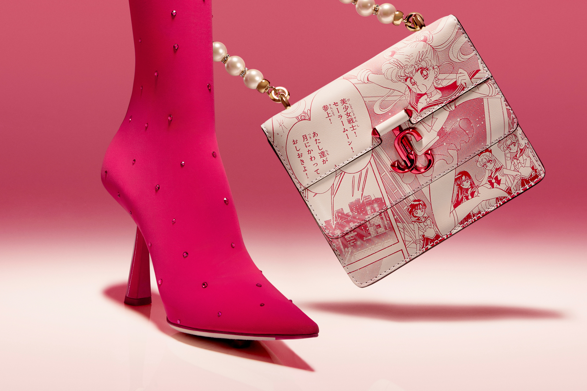 Pink heeled boot with manga pattern handbag
