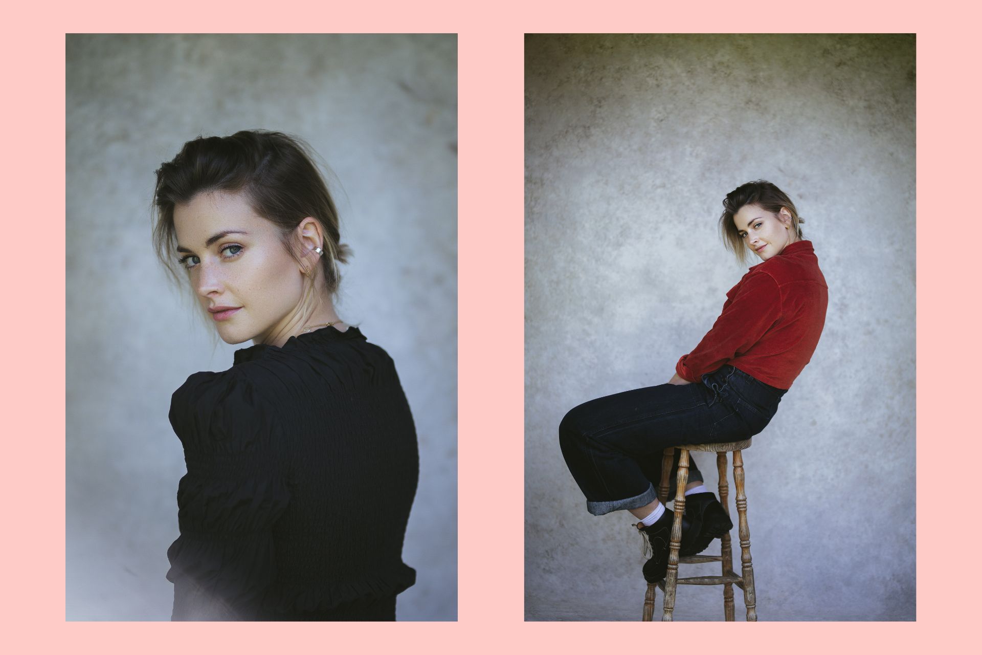 Two images of Stefanie Martini against a pink background