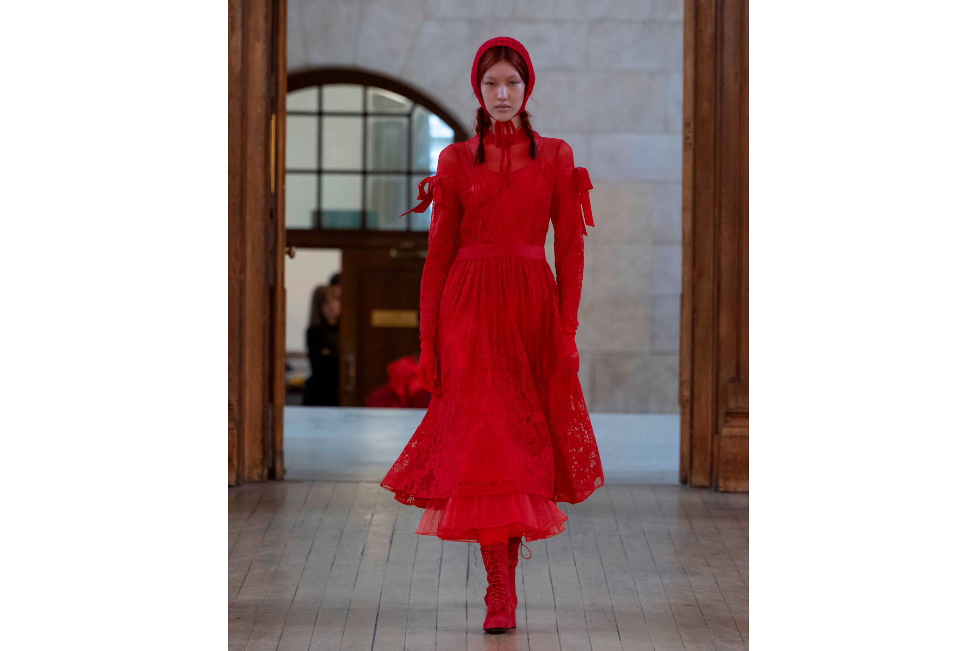 Woman in red outfit