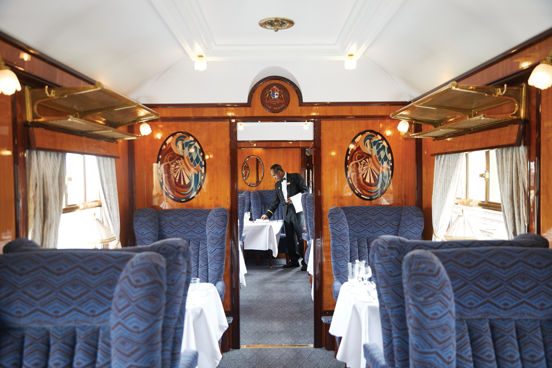 Train carriage with blue seats