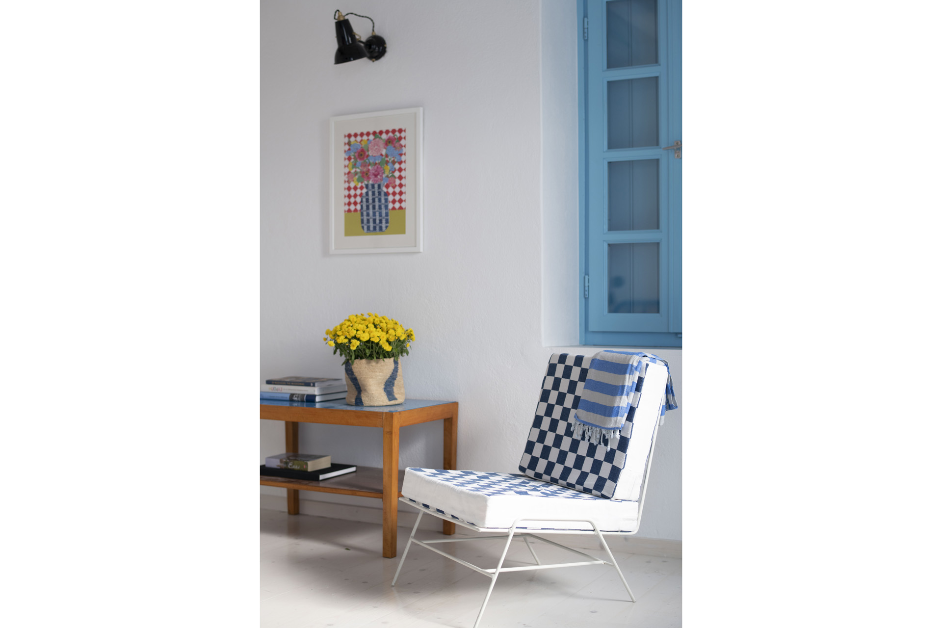 A chair and blue window