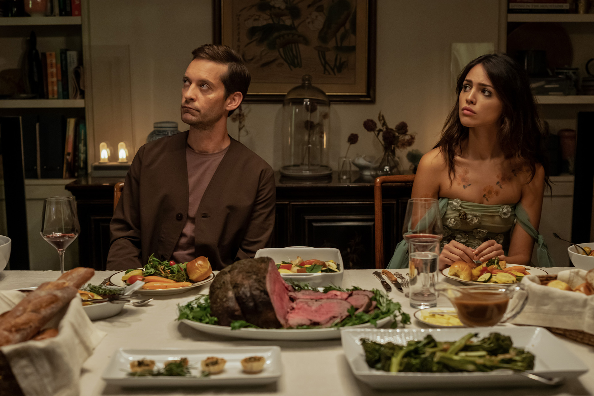 Eiza González and Tobey Maguire in "Extrapolations,"