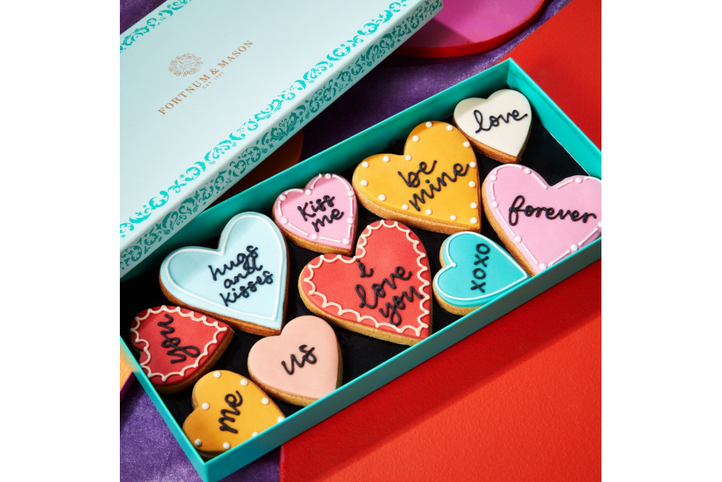 Blue box with heart shaped Valentine's biscuits inside