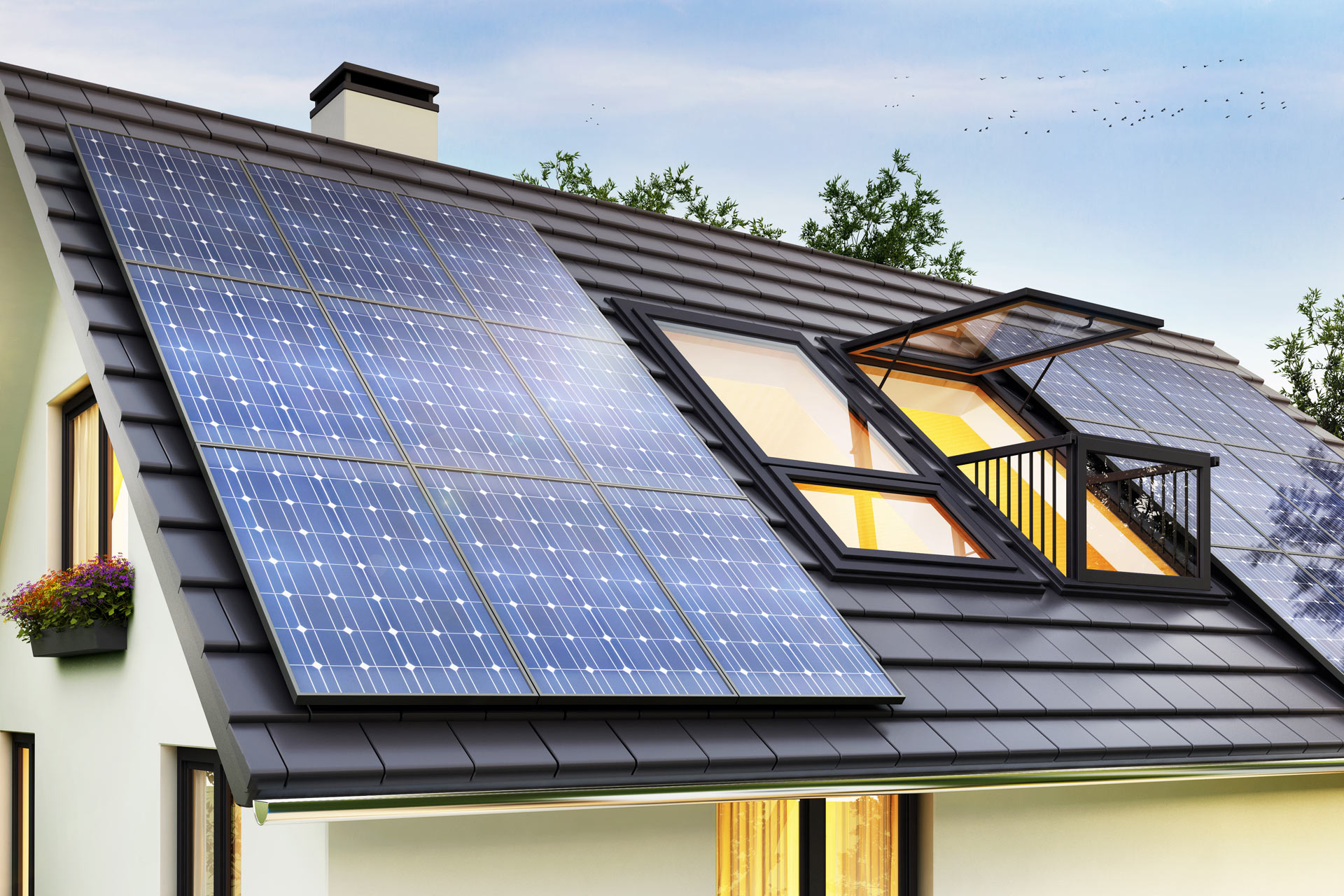 Solar panels on roof of a modern house