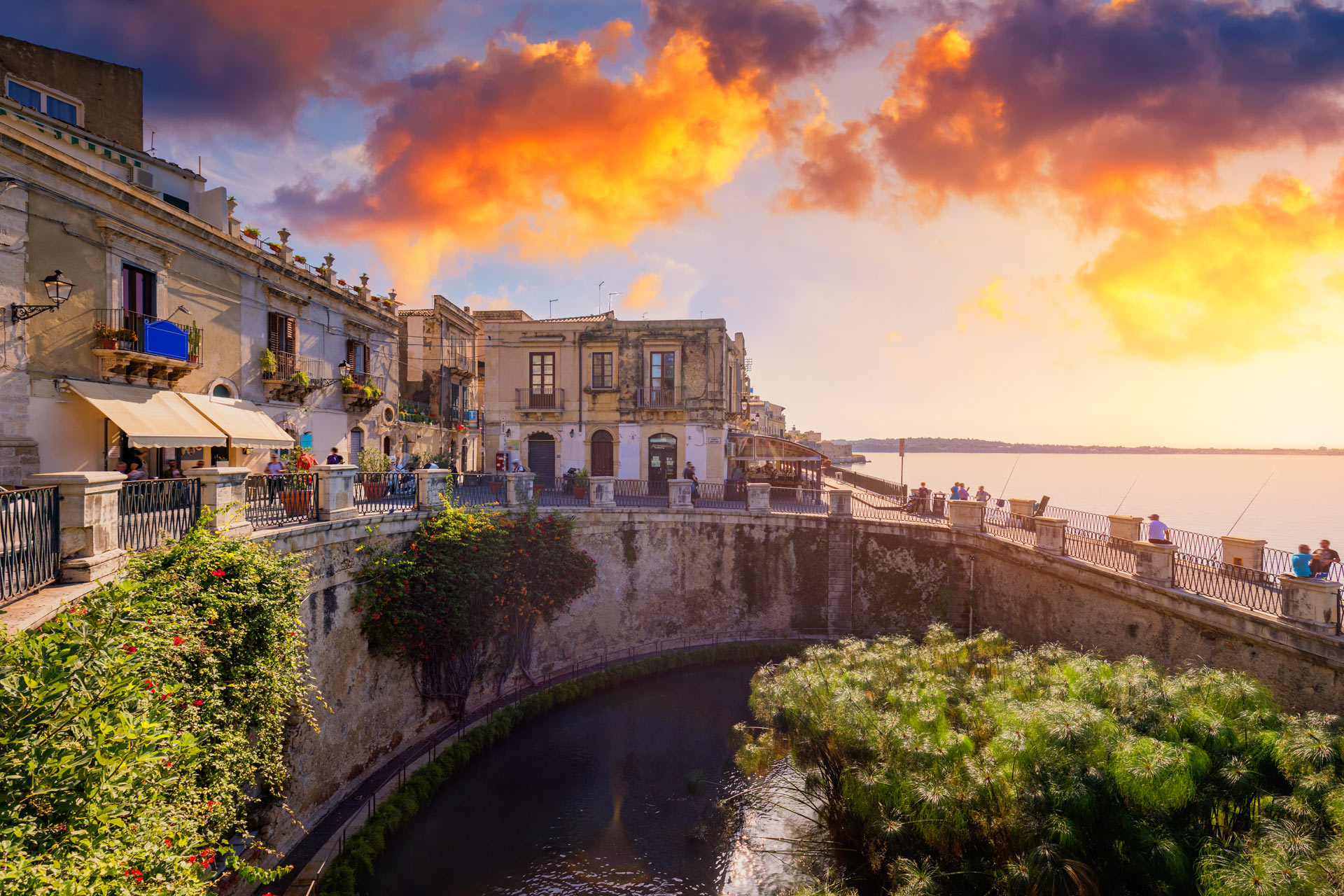 Sunset and town in Sicily, Italy