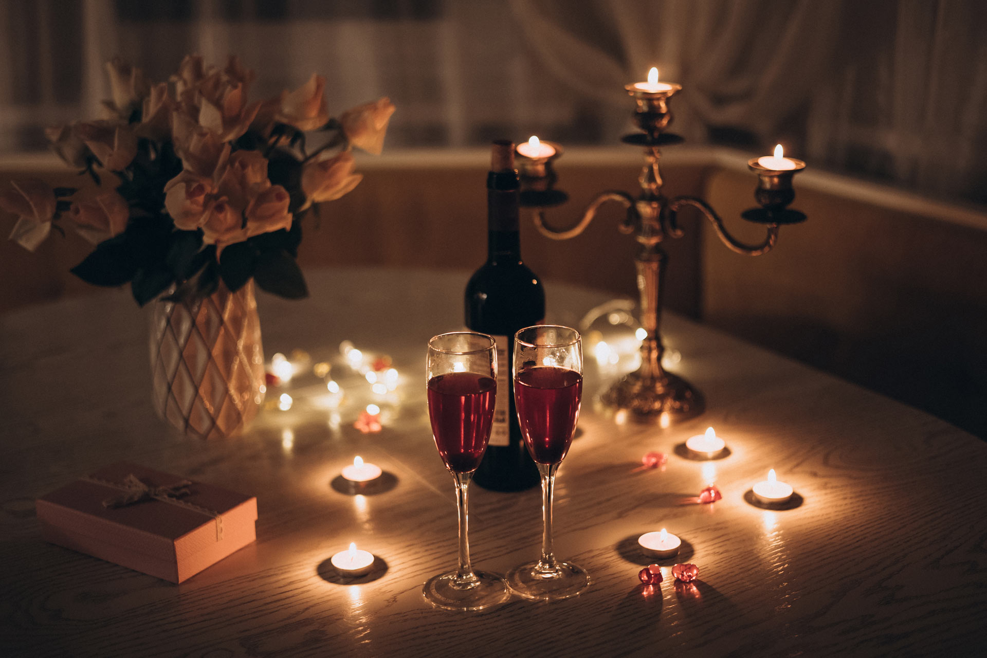 Romantic dinner with candles and wine