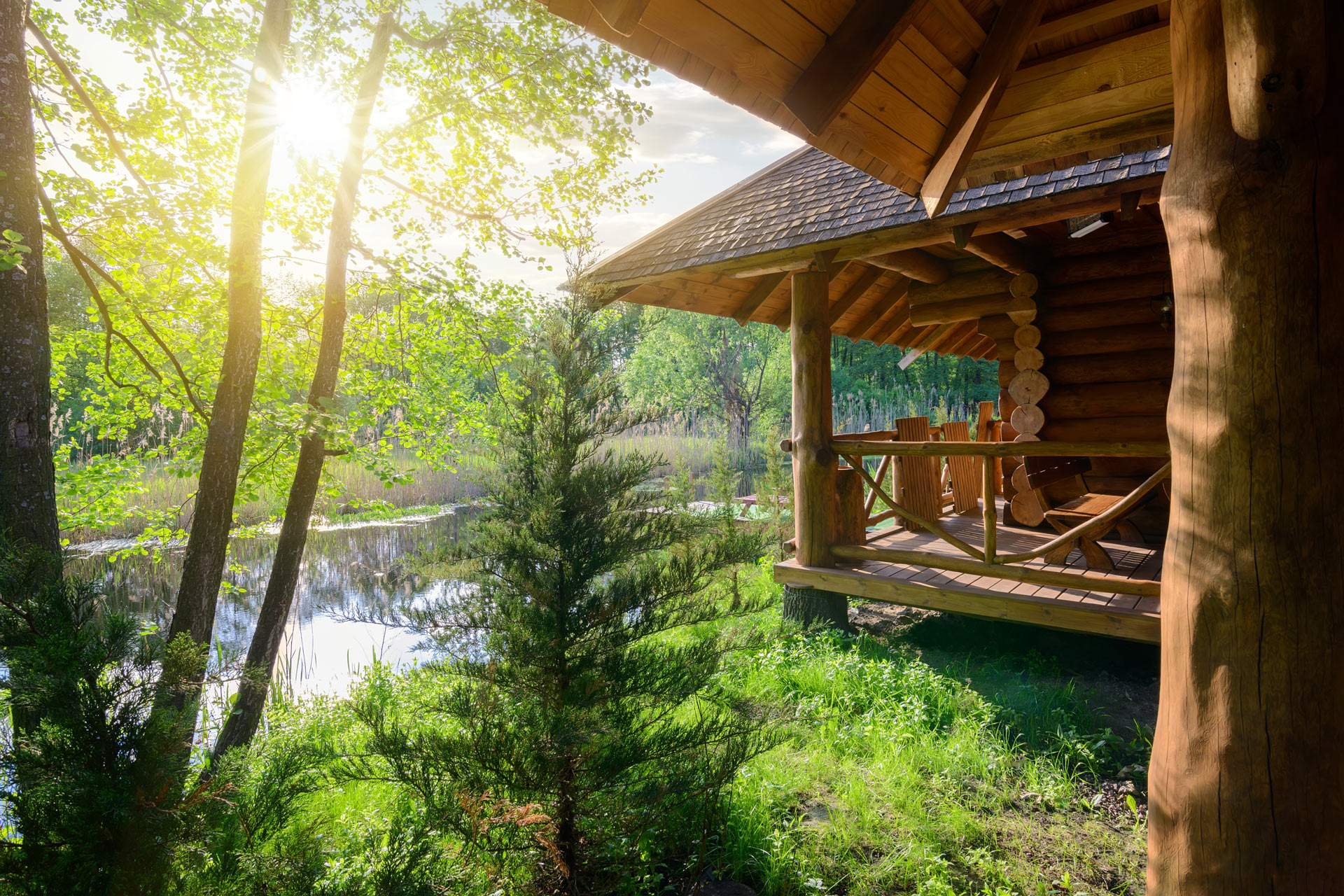 Wooden house by river