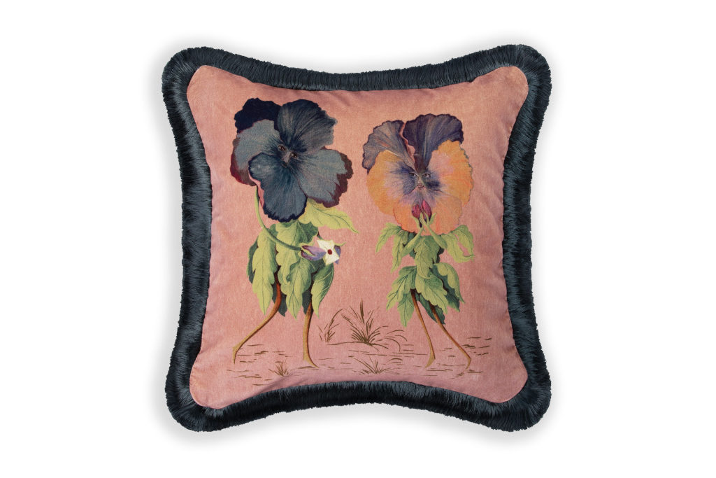 Pink cushion with illustration of flowers giving each other love letters