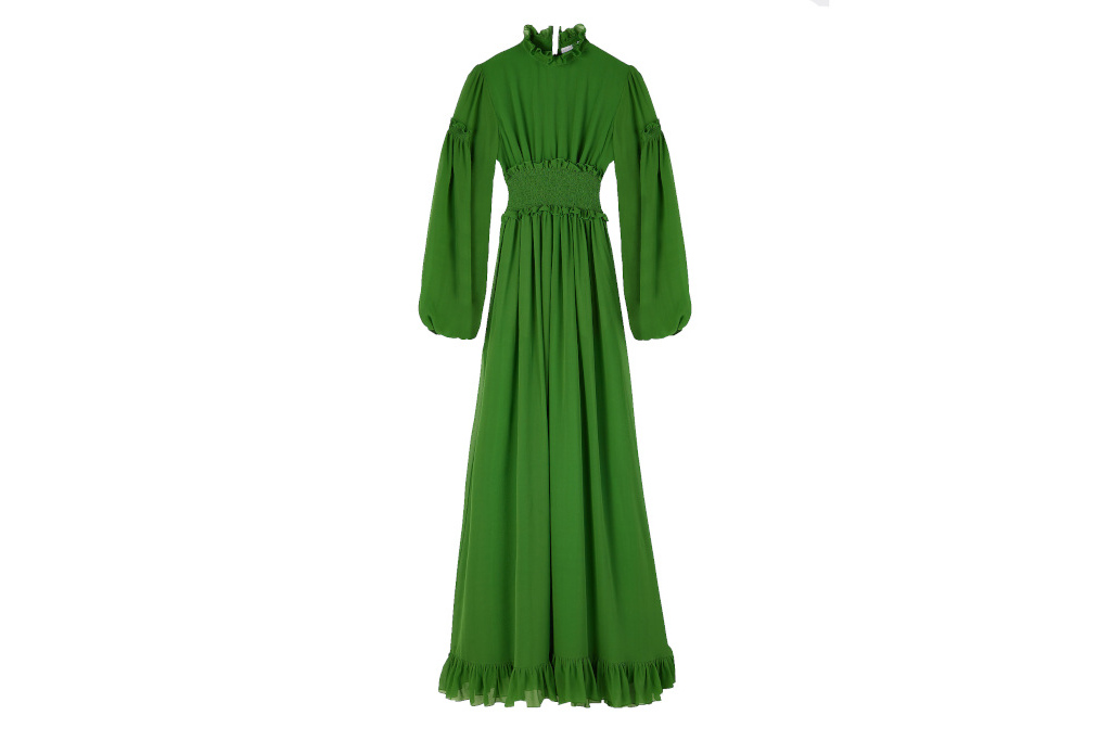 Green high neck puff sleeve dress