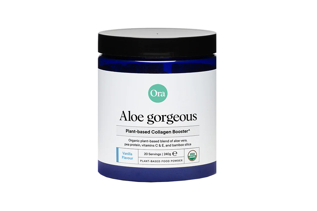 Blue tub of collagen powder with white label and black lid