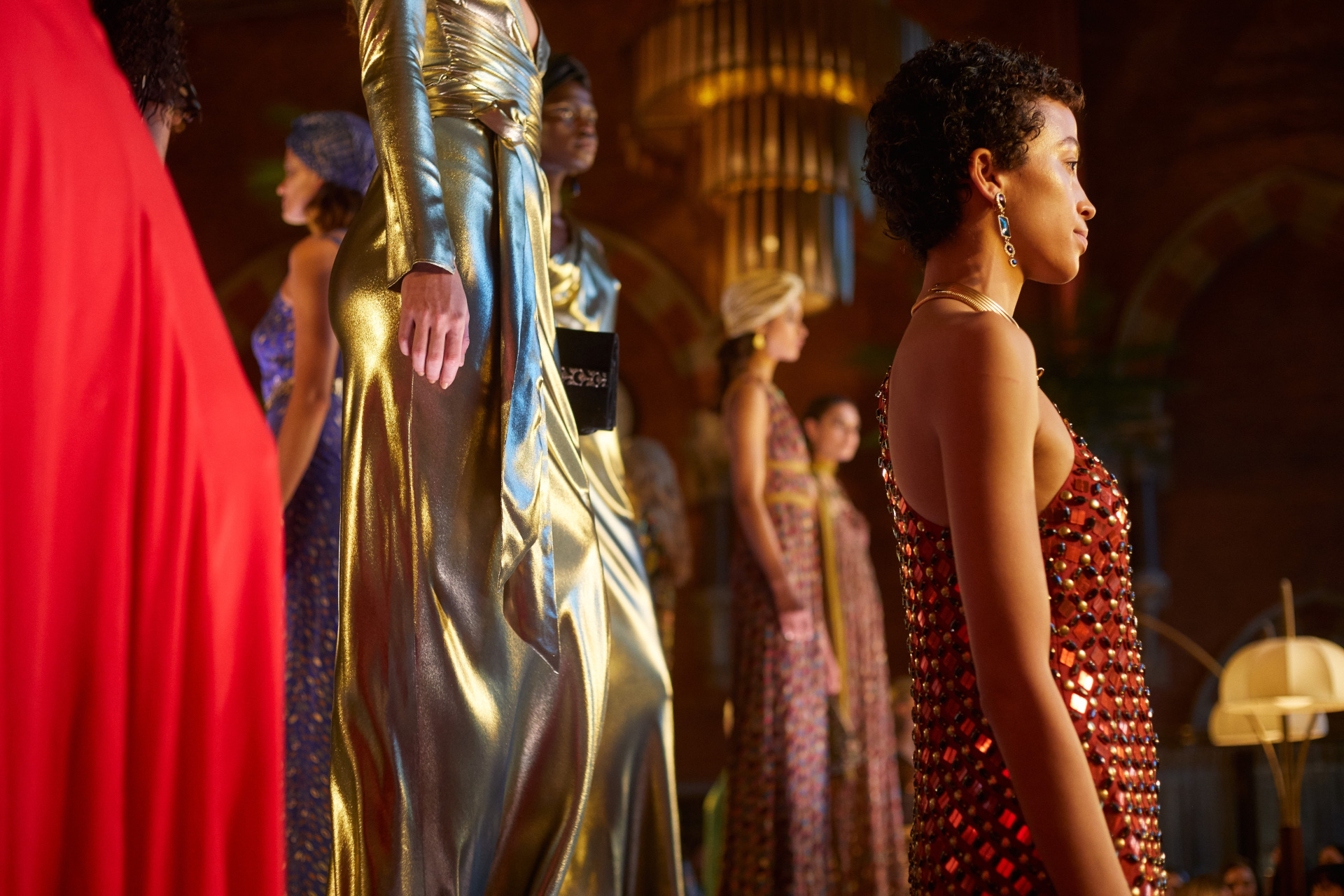 Close up of models in evening dresses