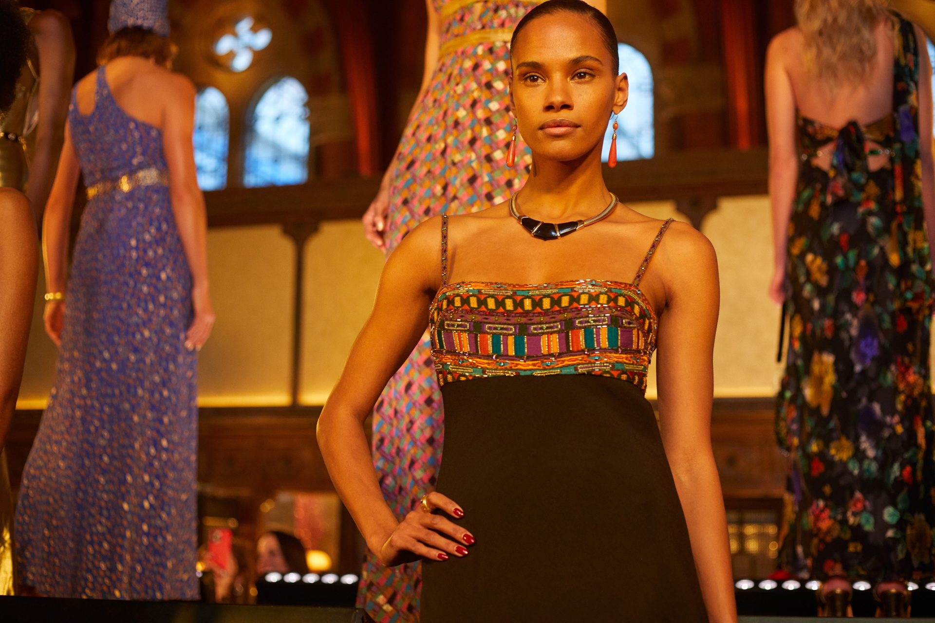 Close up of models in evening dresses