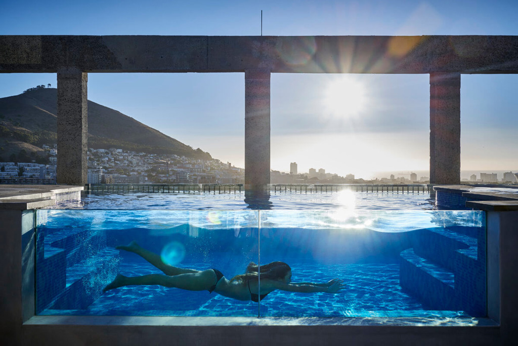 Rooftop pool against the sun at The Silo