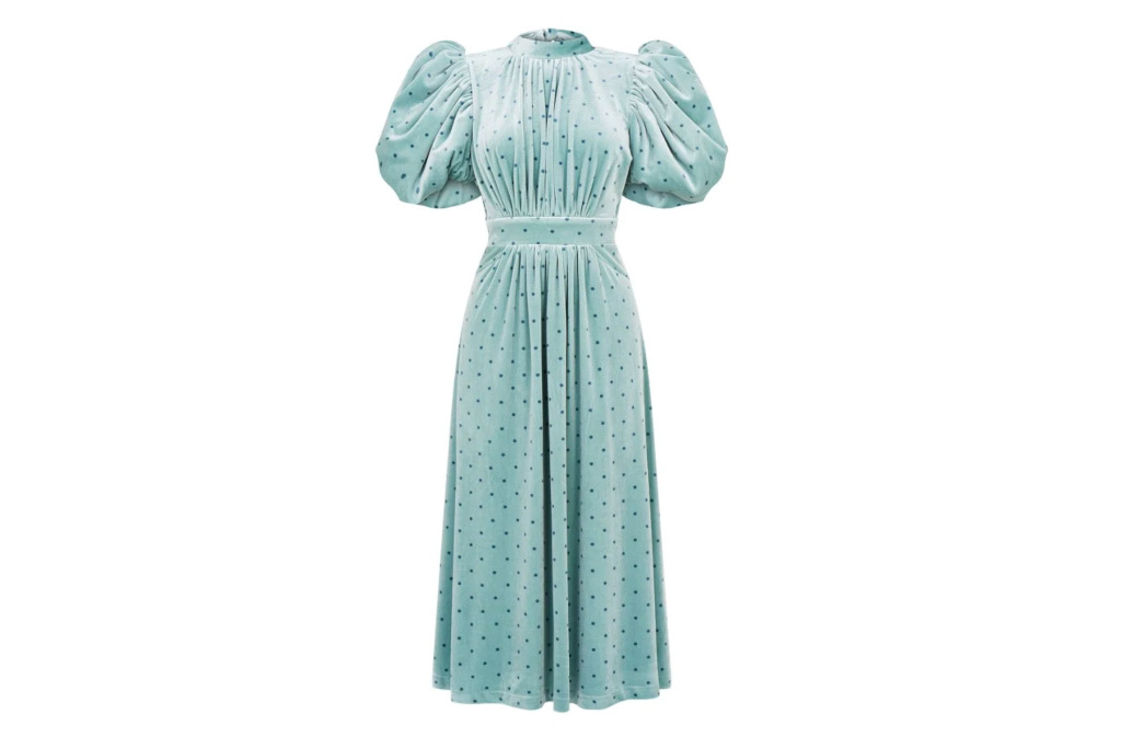 Blue velvet puff sleeve dress