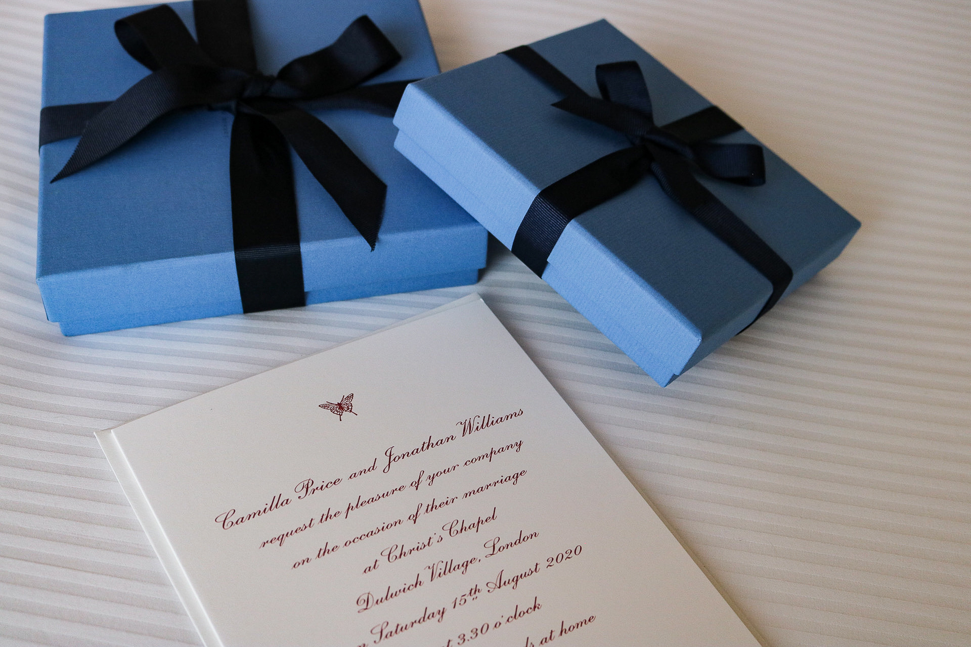 Wedding invitation with blue boxes