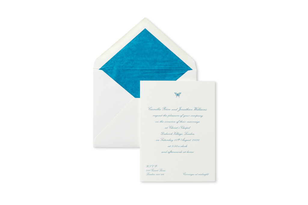White card and envelope with blue text