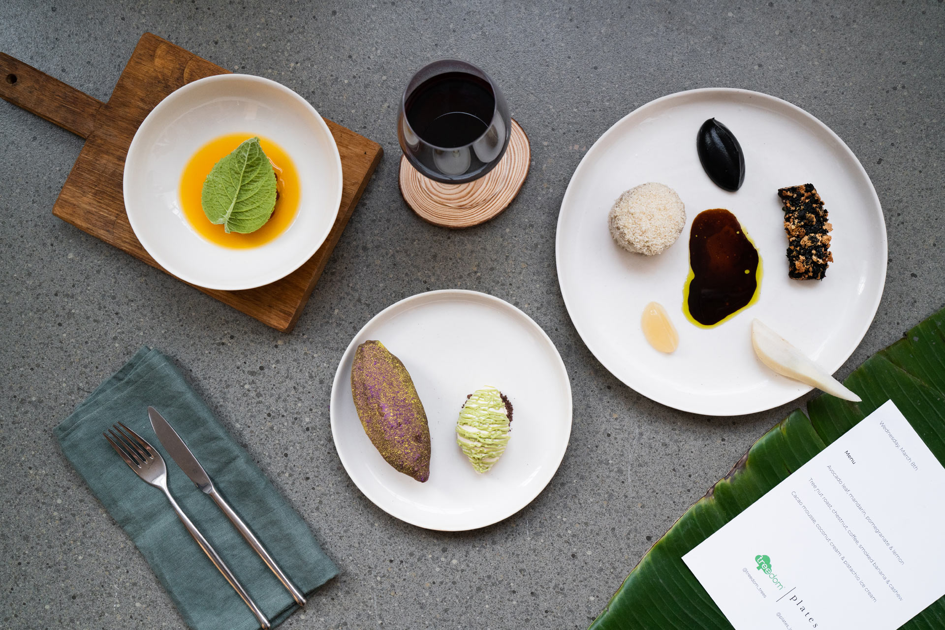 A three-course menu of dishes created from trees
