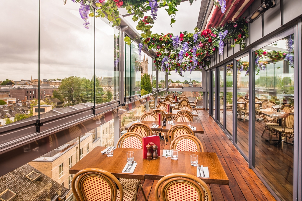The outdoor terrace at Six Brasserie