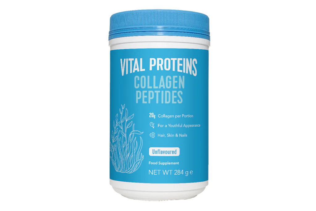 White tub of collagen peptides with blue label and lid