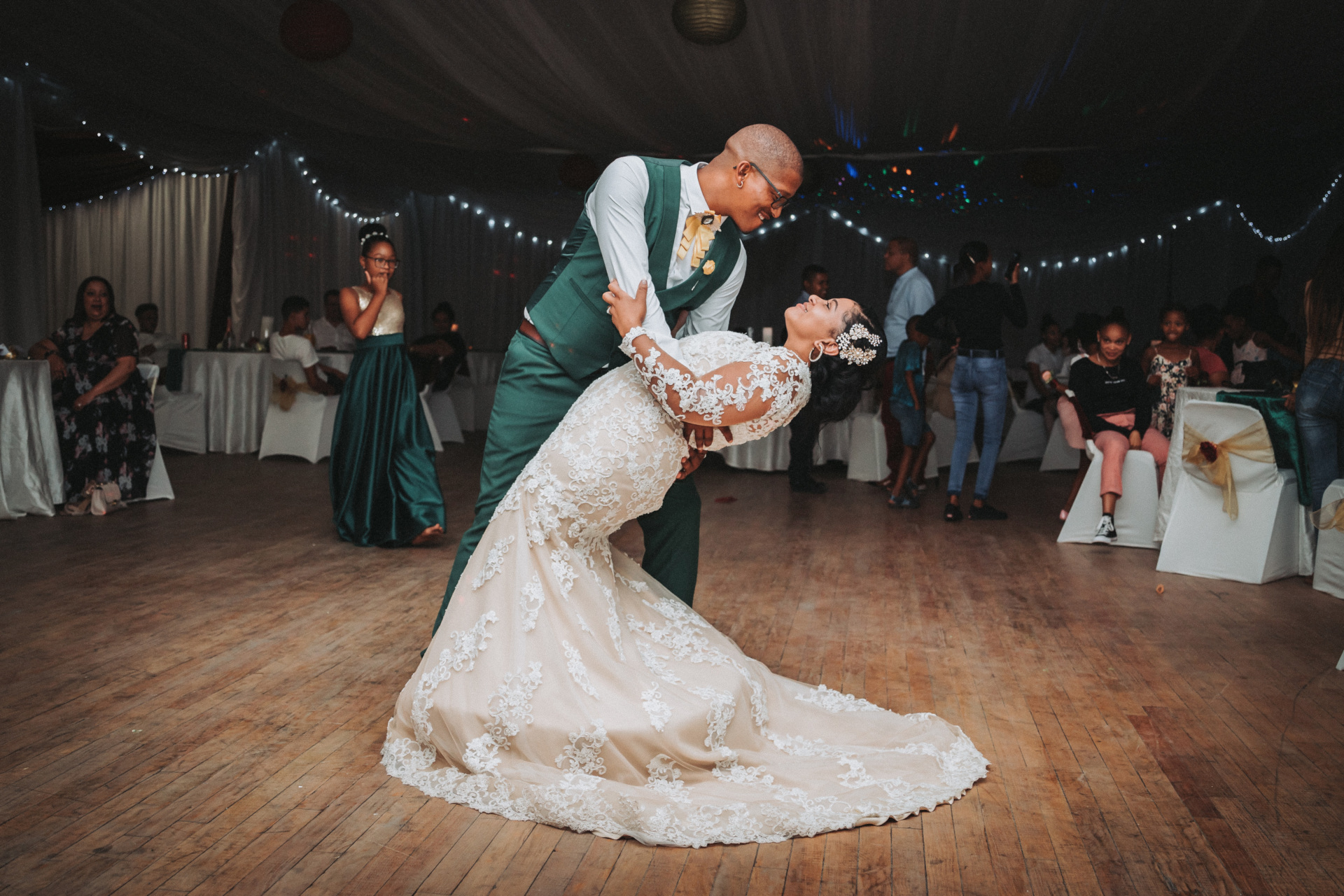 Bride and groom dancing at wedding