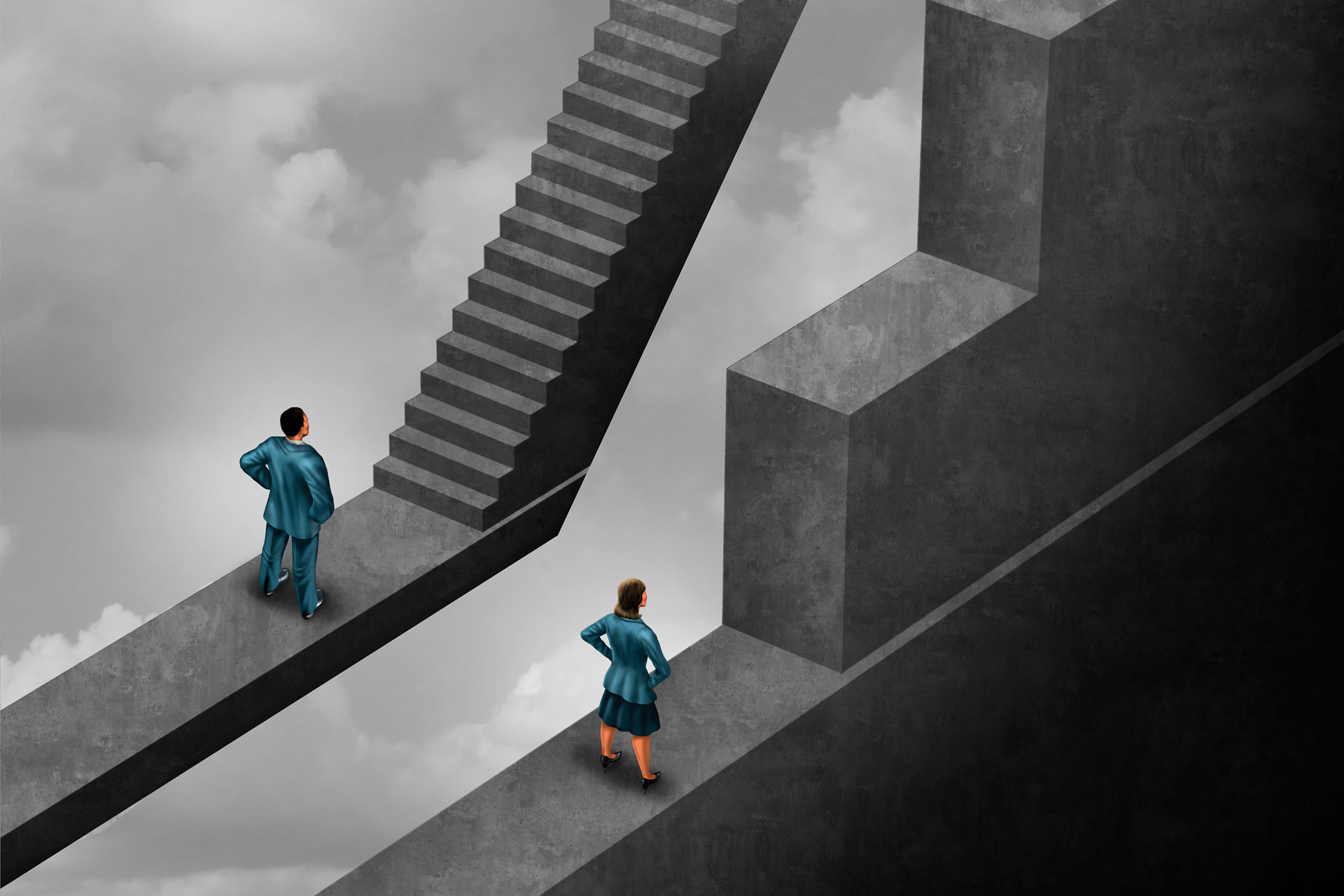 Woman facing a harder time in image with much larger stairs to scale than a man, intended to represent the funding gap faced by female founders