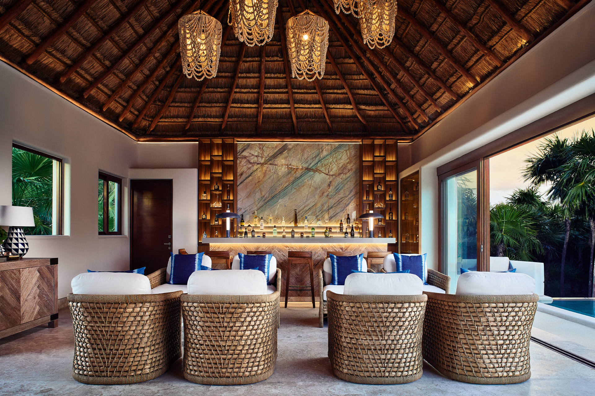 The bar with beaded chandeliers